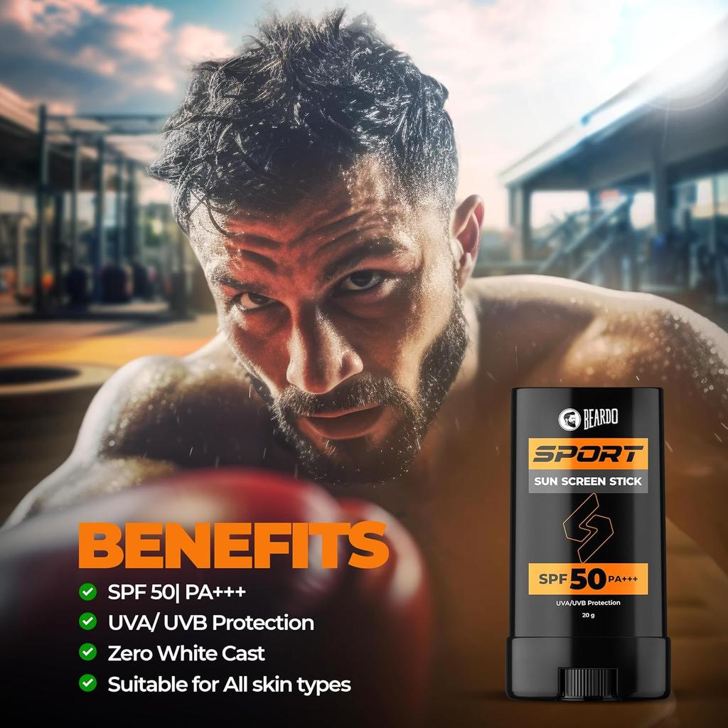 Beardo Sport Sunscreen Stick SPF 50 PA+++ Broad Spectrum UV Protection Easy Reapply No White Cast Hydrating 20 g