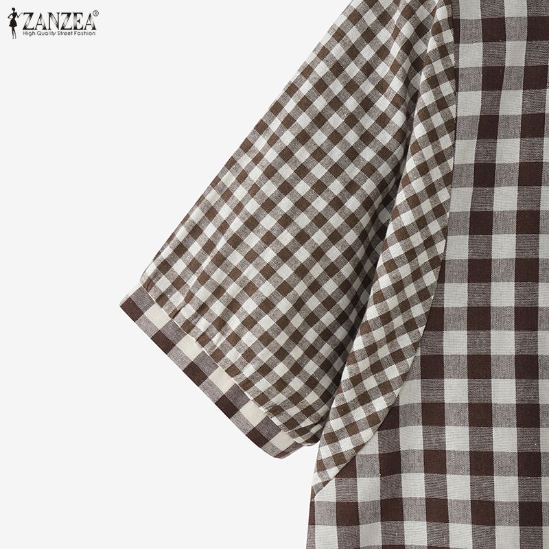 ZANZEA Women Casual Plaid Print Loose Half Sleeve Blouse