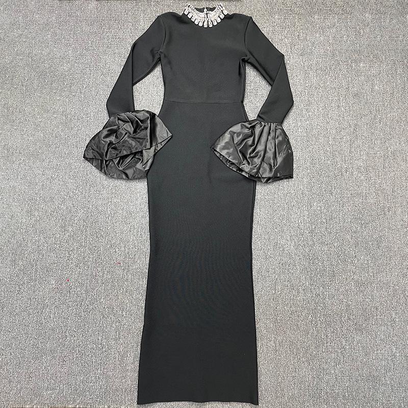 

European & American Style Rhinestone Flare Sleeve Evening Dress - Elegant Bandage Gown M