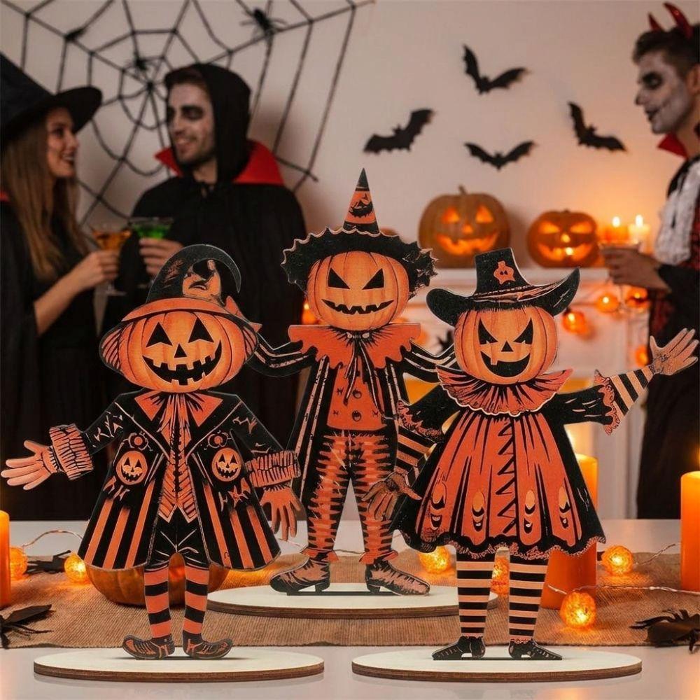 3Pcs Wooden Halloween Pumpkin Ornament 2D Flat Pumpkin Scarecrow Party Sign  Farmhouse Setting
