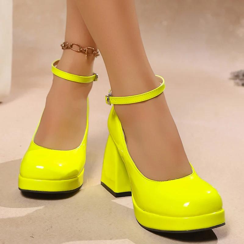 Fashion Women's High Heels Platform Pumps Patent Leather Chunky Heeled Lolita Shoes Woman Plus Size Fashion Ankle Strap Mary Jane Pumps