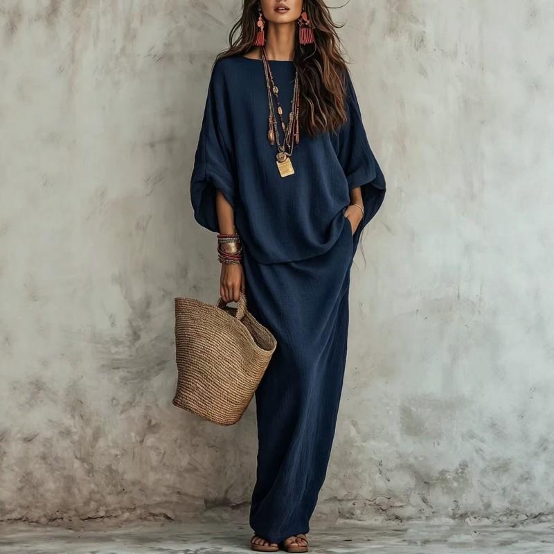 2026 Womens Loose Fit Solid Color Two-Piece Set T-Shirt Midi Skirt Casual Outfit