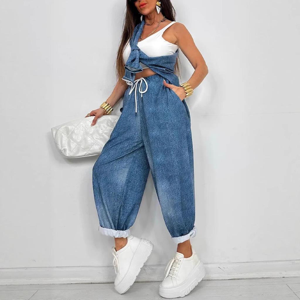 Dámský ležérní set na jaro/podzim 2025 s topem s kulatým výstřihem a volnými kalhotami s opraným vzhledem