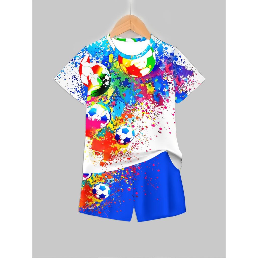 Boys Fashion 3D Printed Casual Pullover Short Sleeve Shorts  Sweatshirt, BoysOutdoor T-Shirt Shorts Se, Perfect for Outdoor