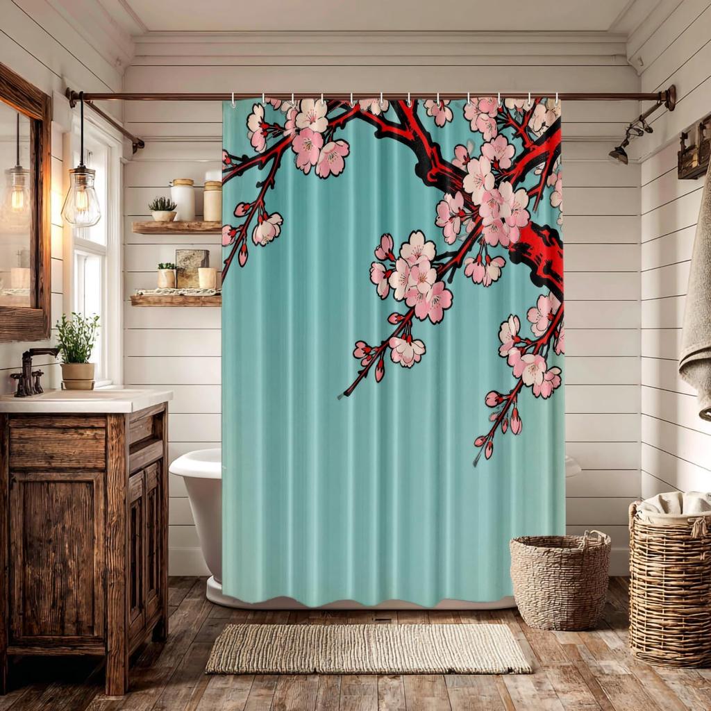 Pink Cherry Blossom Branch on Teal Background Waterproof Shower Curtain 180x200cm - Japanese Style Art Print Bath Home Decor
