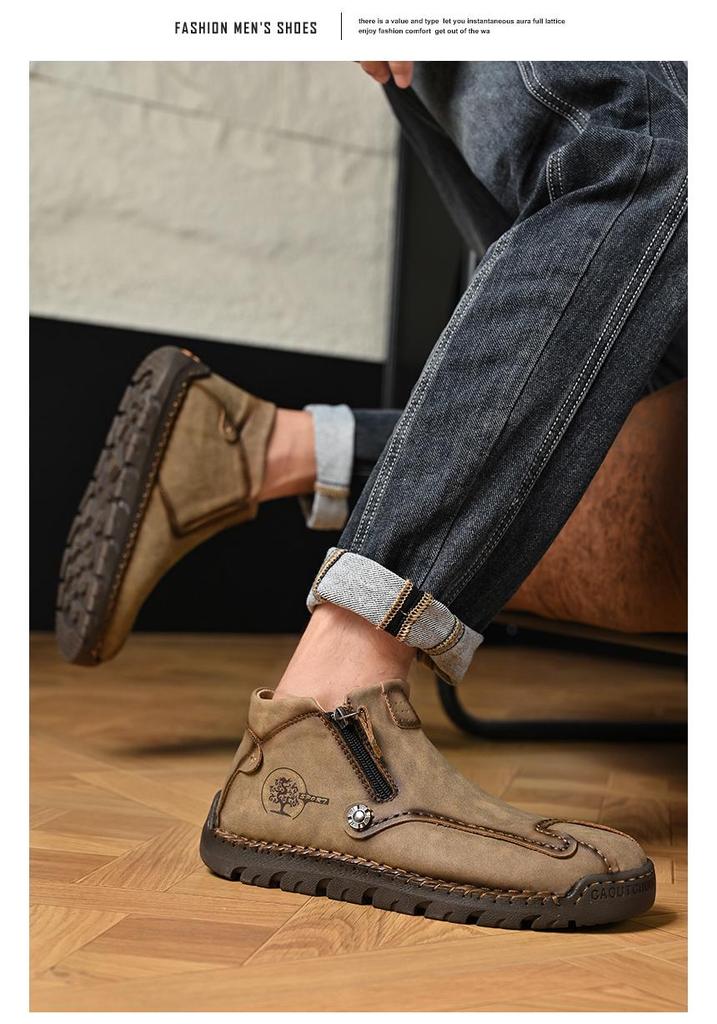 Autumn/Winter Men's Mid-Top Leather Slip-On Martin Boots - Large Size, Handmade, Stitched, Business Style.