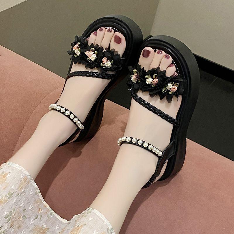 Versatile Internet Celebrity Foreign Style Cool Slippers Heightening Non-slip Sandals 2025 Summer New Popular Thick-soled Pearl Sandals Women