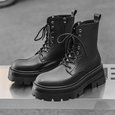 Męskie luksusowe modne buty na platformie sznurowane buty ze skóry naturalnej botki wiosenne jesienne scena klub nocny stylowe wysokie motocyklowe botas