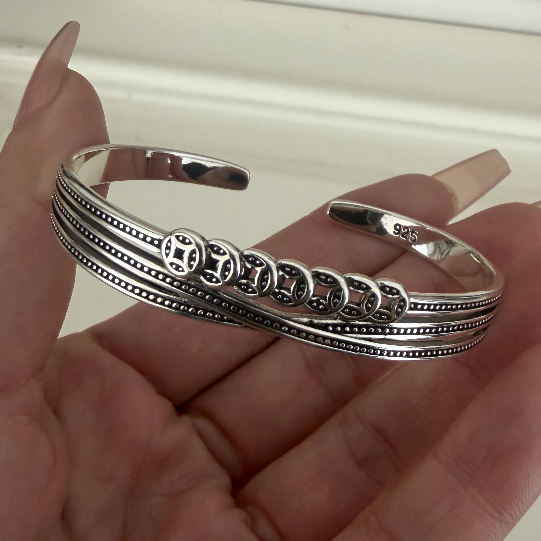

100% Solid 925 Sterling Silver Retro Bracelet for Women Men Vintage Handmade Wide Hollow Shape Simple Bracelet Birthday Gift