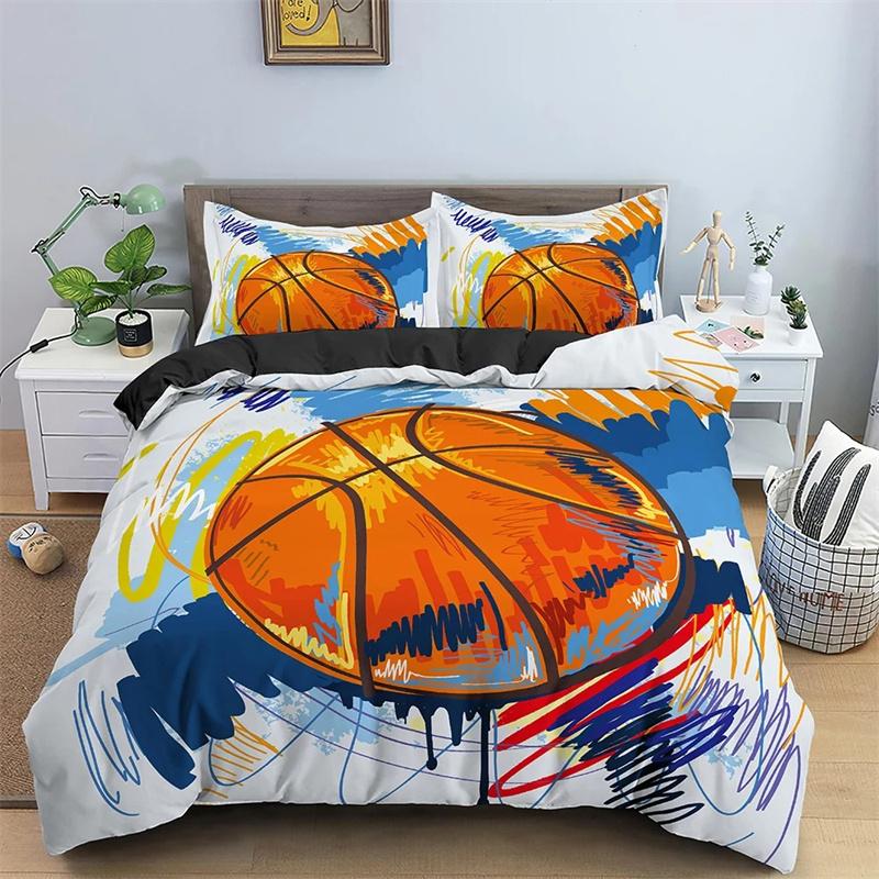 Basketball Duvet Cover Set Black 3D Ball Sports Theme Bedding Set Microfiber Basketball Court Competitive Games King Quilt Cover