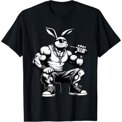 Thug Bunny trinkt Bier Muskeln Gangster Hase Liebhaber Kunst T-Shirt