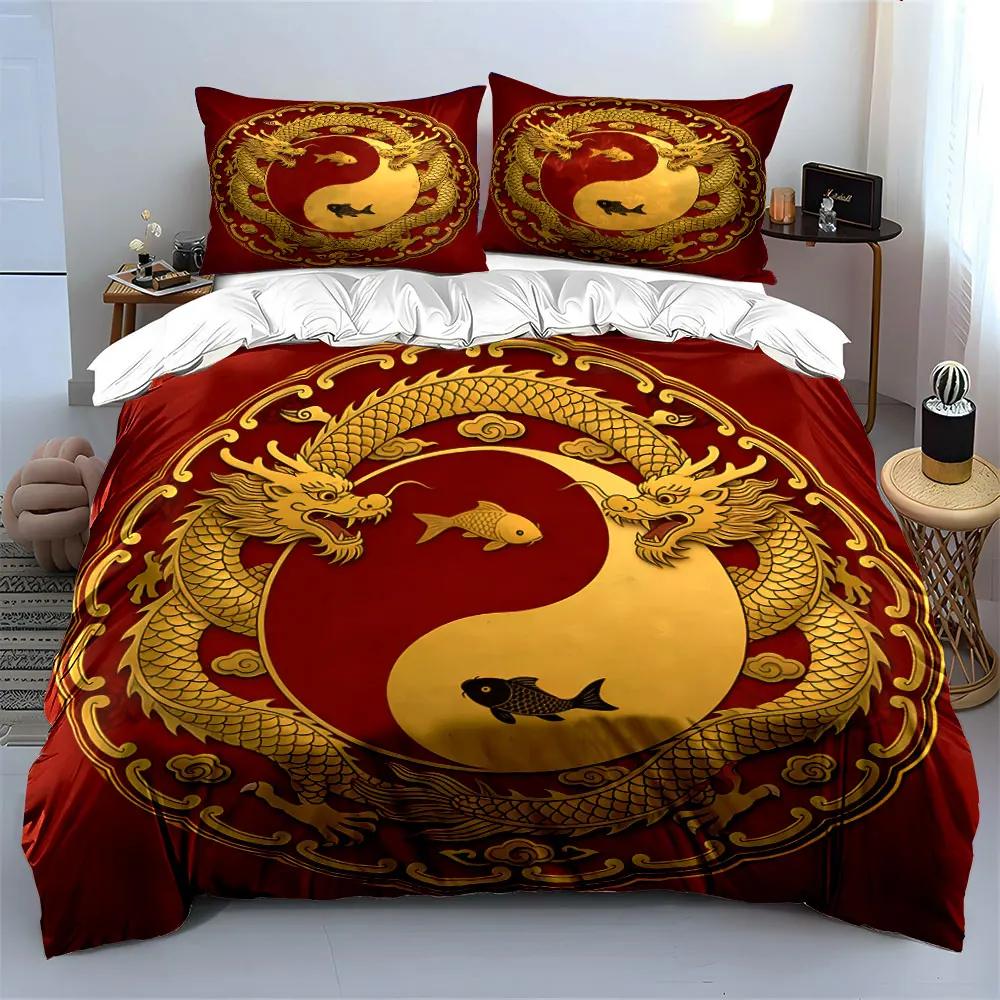 Golden Dragon Yin Yang Set Soft Comfortable Duvet Cover Bedding Set Included 1*Duvet Cover & 2*Pillowcases gift