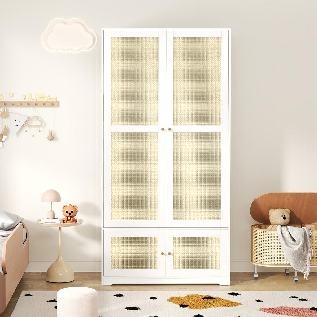 Rattan Wardrobe, 2-Door Wardrobes, Wardrobe, with Clothes Rail and Shelves, made of MDF and Lacquered Fronts, Bedroom Wardrobe, White, 90 x 48 x 180cm