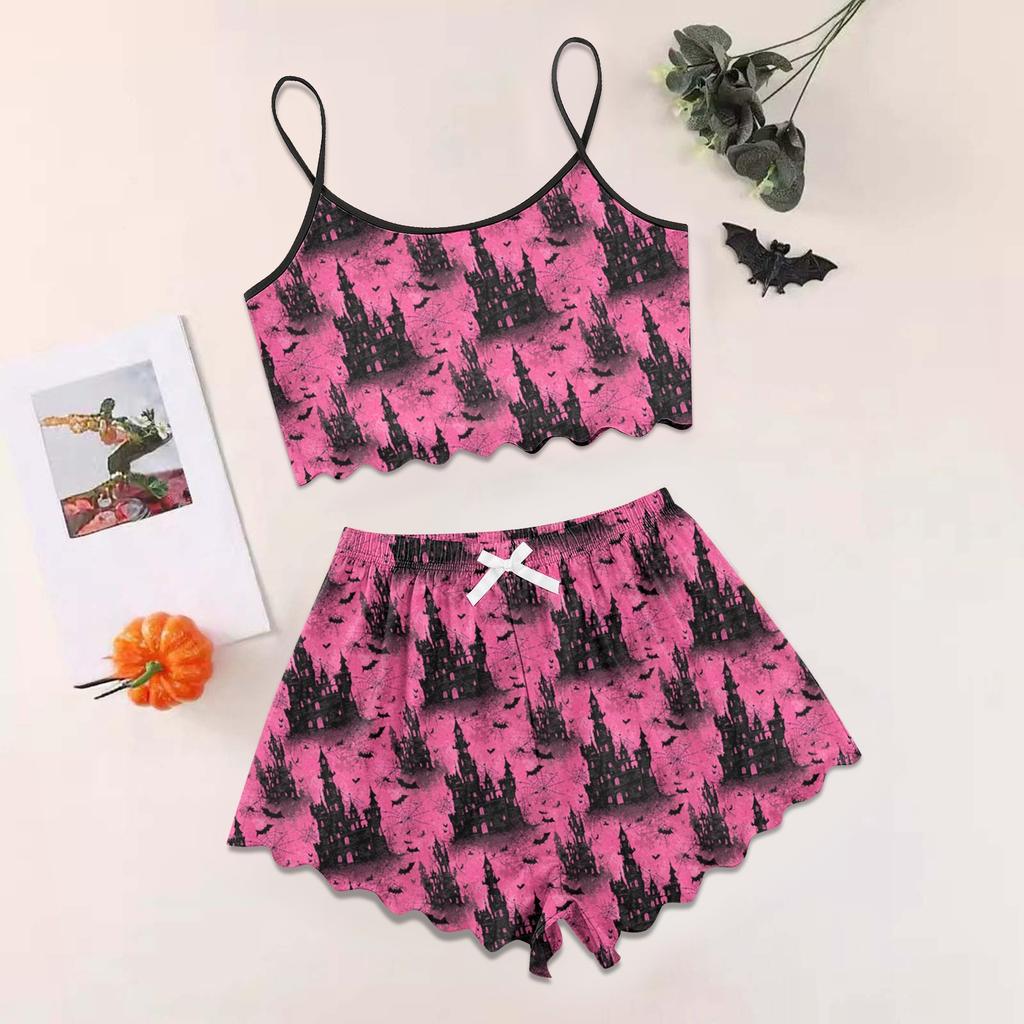 Women's Halloween Set With Retro Floral Print Suspender Sleeveless Vest Shorts Pajama Set