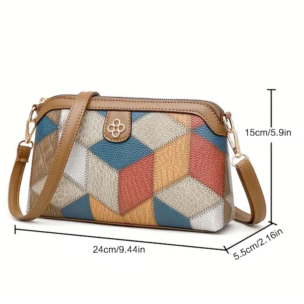 Stylish PU Leather Crossbody Bag Color Block Ethnic Design Adjustable Detachable Strap Zipper Closure Inner Phone Pocket