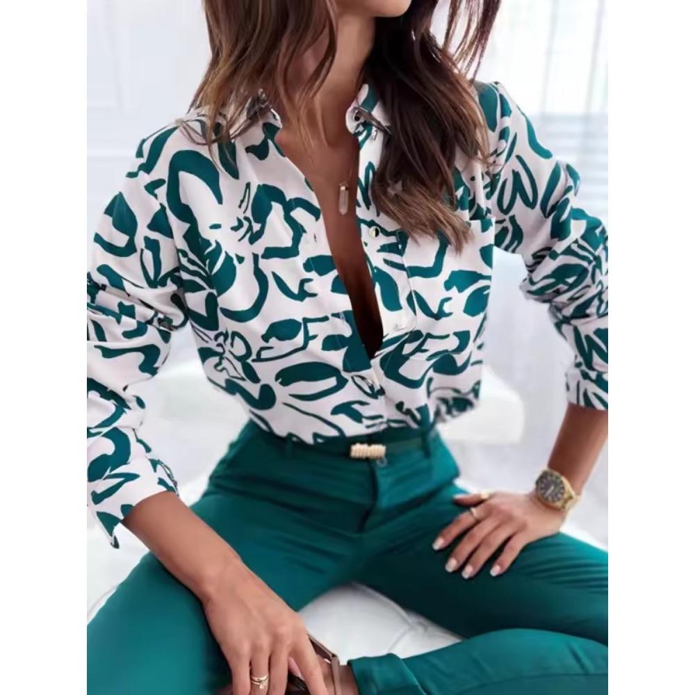 Women Print V-Neck Button Long Sleeve Shirt Loose Casual Holiday Tops Blouse