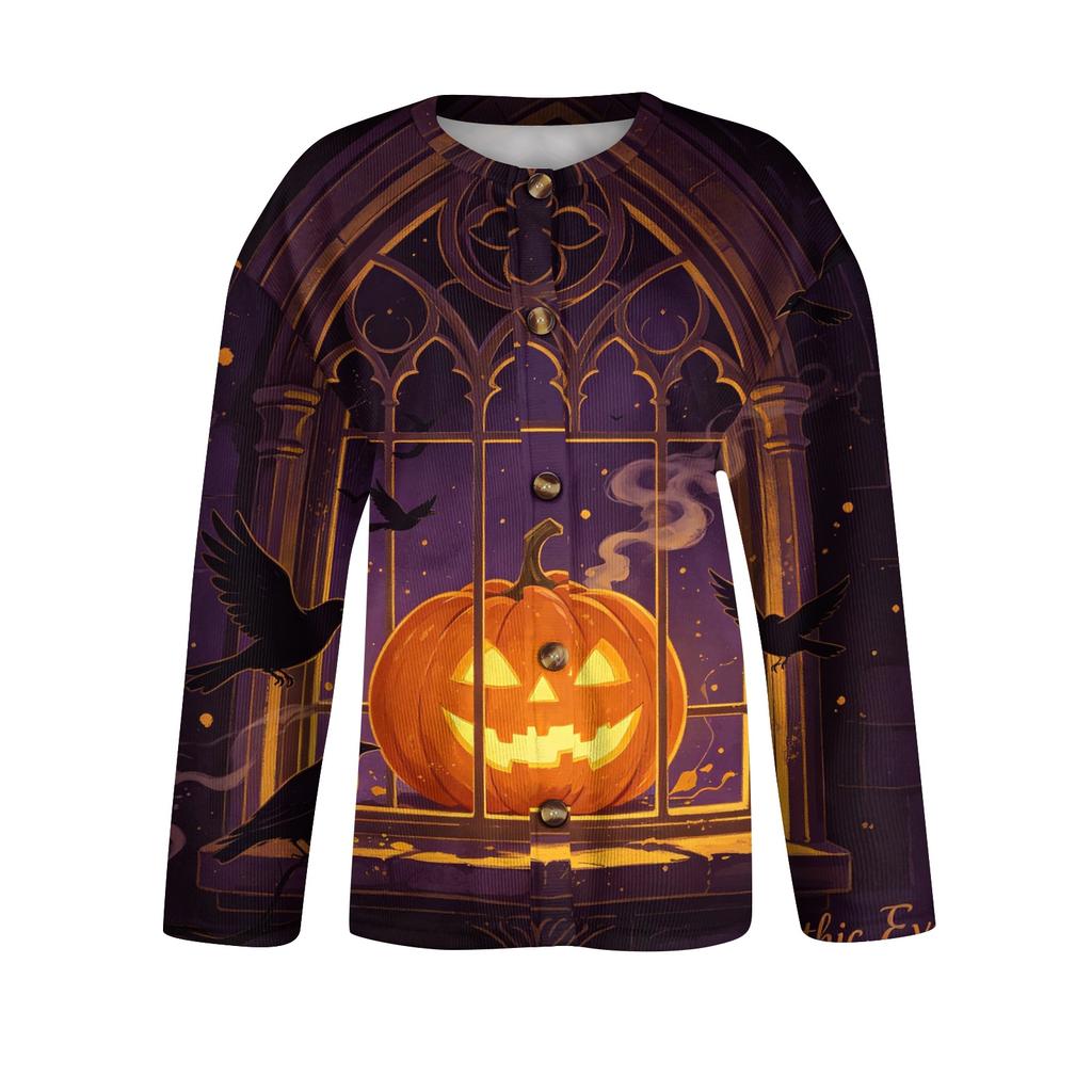 Womens Halloween Print Long Sleeve Knit Cardigan Button Up Sweater Coat Lightweight Casual Outerwear for Fall and Winter
