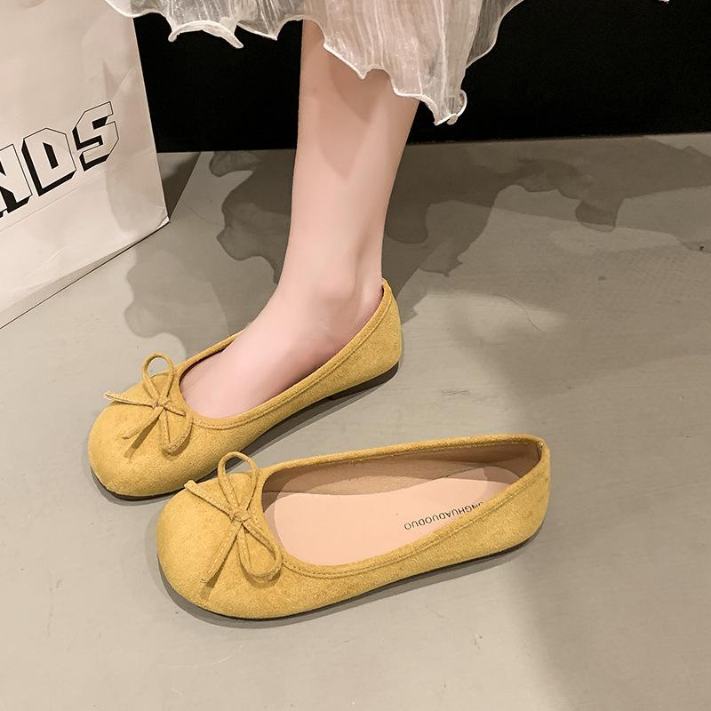 Französische Wildleder Schleife Ballerinas Frühling und Sommer neu sanfte Ein-Pedal weichgesichtige Damen Flats Tide