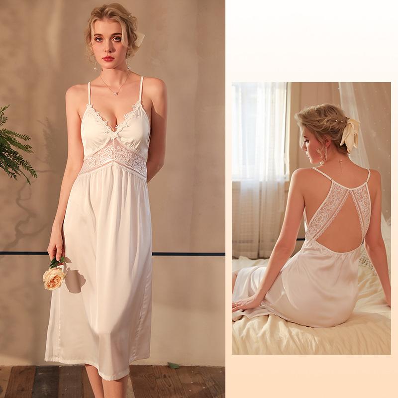 Detachable Chest Pad Summer Ladies Ice Silk Satin Sexy Brdal Long Nightdress