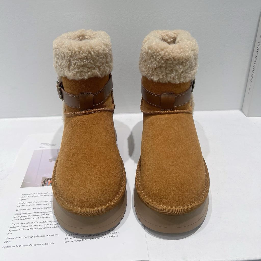 2025 Winter New High Tube Flip Curly Hair Mouth Belt Buckle Snow Boots Thick-soled Knight Boots Tide