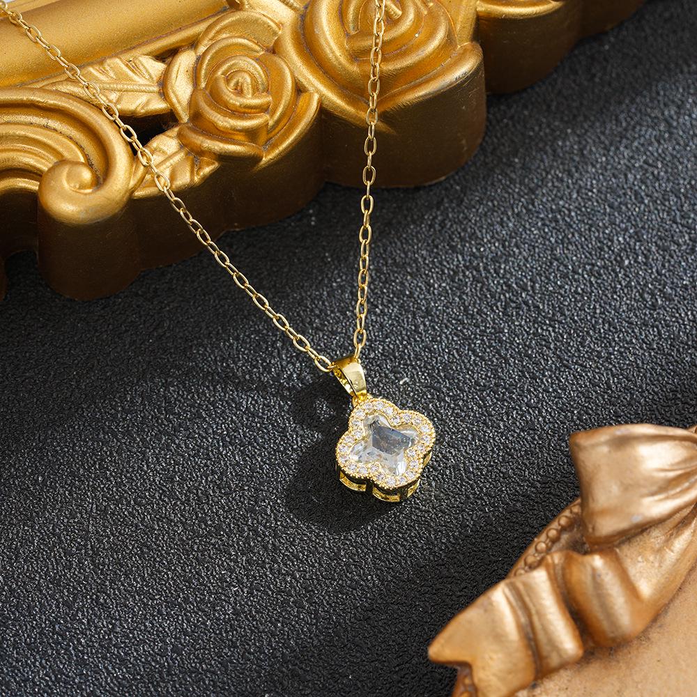 Four-Leaf Clover Diamond Inlaid Titanium Steel Necklace - Luxurious Women's Pendant Accessory