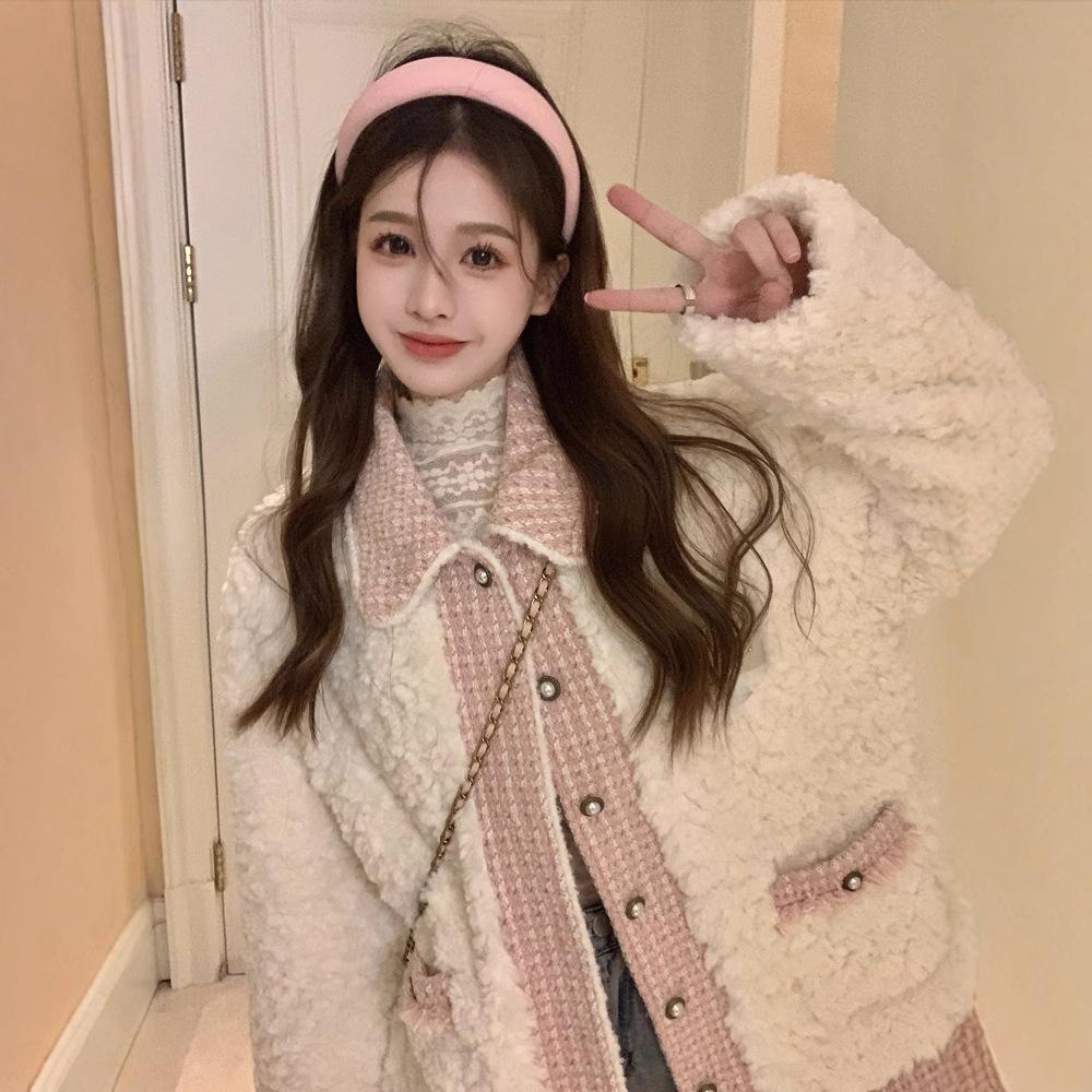 

Small Fragrance Style Lamb Wool Warmth Thickened Jacket Top for Women In Autumn and Winter Niche Gentle Cotton Jacket Versatile Loose Cotton Jacket 3XL