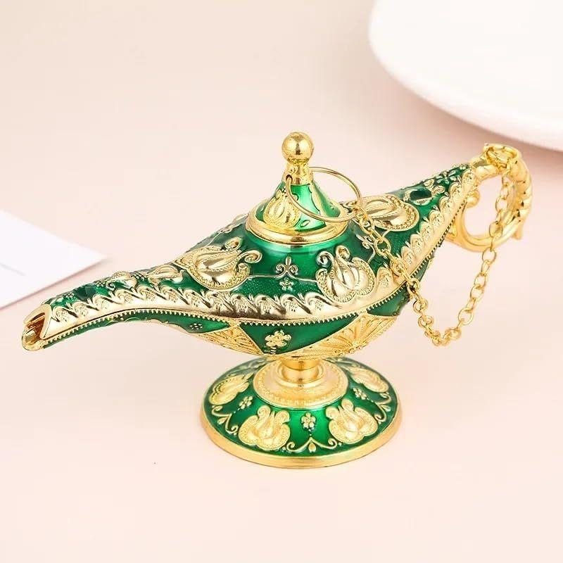 Vintage Aladdin Chirag Lamp-Luxurious Metal Jewelry Box,Decorative Showpiece,Home & Office-12 cm(Gold-Green)