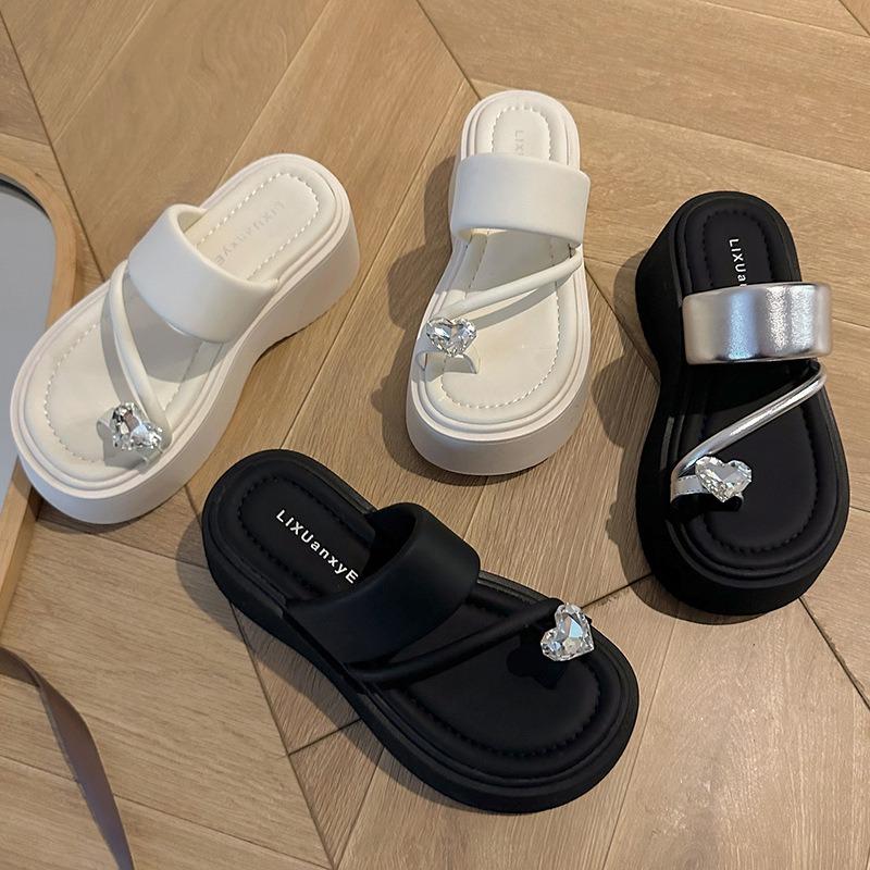JX Thick-bottomed Toe Slippers for Women's Summer Wear New Fashion and High-end Versatile Rhinestone Beach Cool Slippers