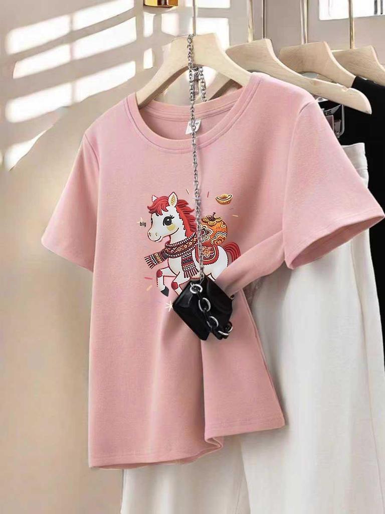 Crimson Year of the Rat Lucky Color Women's Thickened Round Neck Short Sleeve T-Shirt for Spring and Autumn