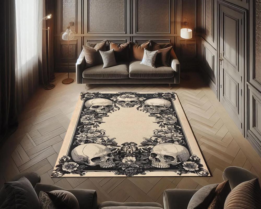 Dark Gothic Skull Moth Print Area Rug, Vintage Occult Botanical Floor Mat for Living Room Bedroom Game Room Dorm Home Decor