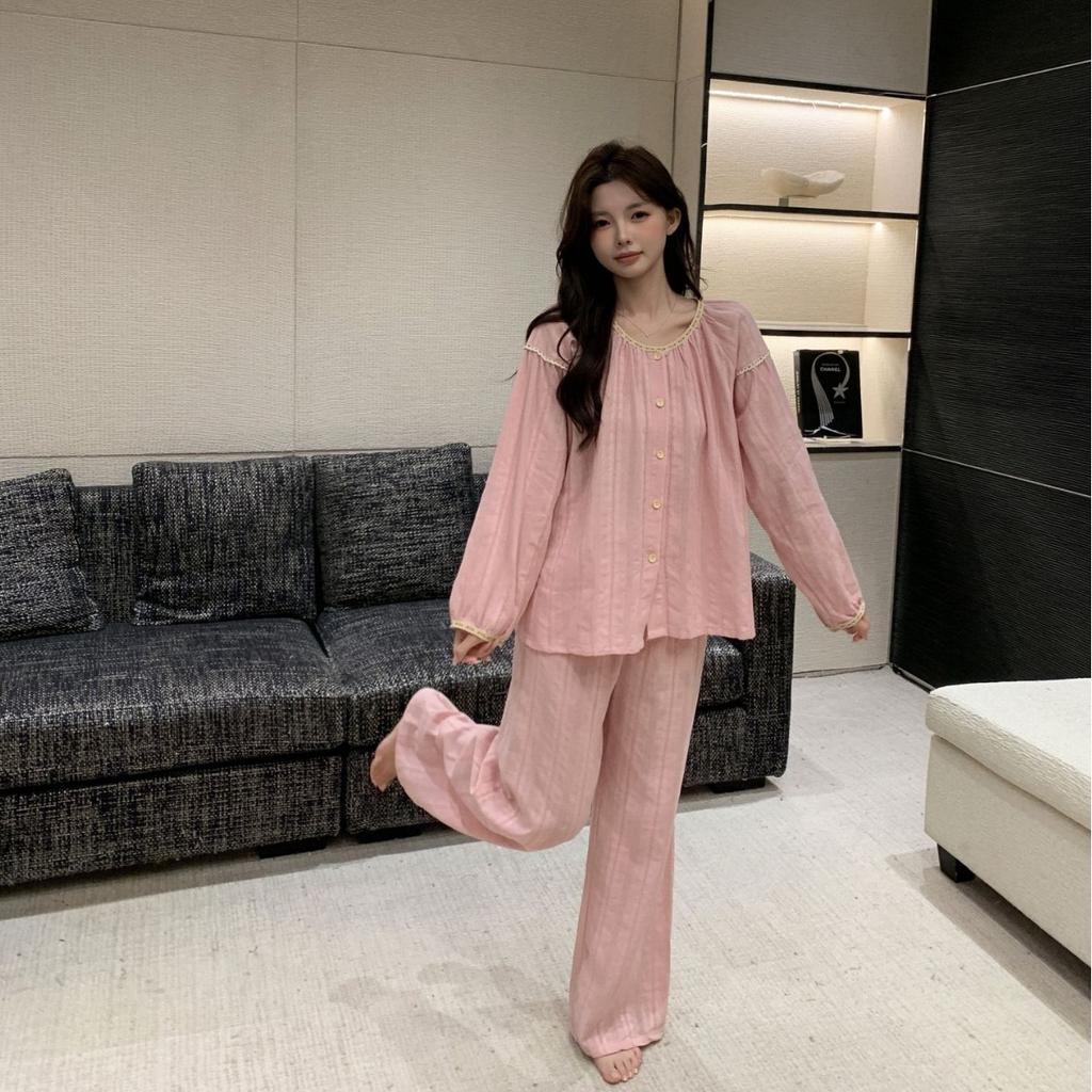 100% cotton pajamas new cute sweet wind loungewear cute fresh pink long-sleeved suit ins wind home