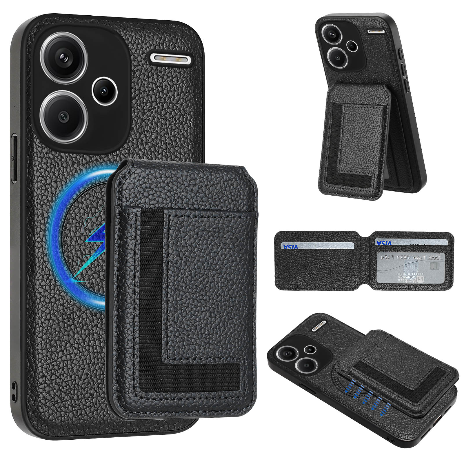 

Для Xiaomi Redmi Note 13 Pro+ 5G Магнітний чохол TPU+Шкіра PU Задня кришка телефону зі знімним тримачем для карток Black