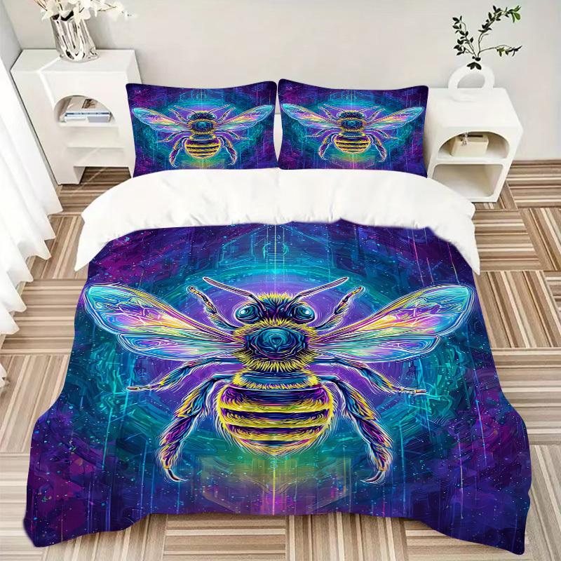 3pcs Neon Bee Print Duvet Cover Set, Cover For Bedroom Guest Room (1 Duvet Cover + 2 Pillowcase, Without Quilt),  yy250922152
