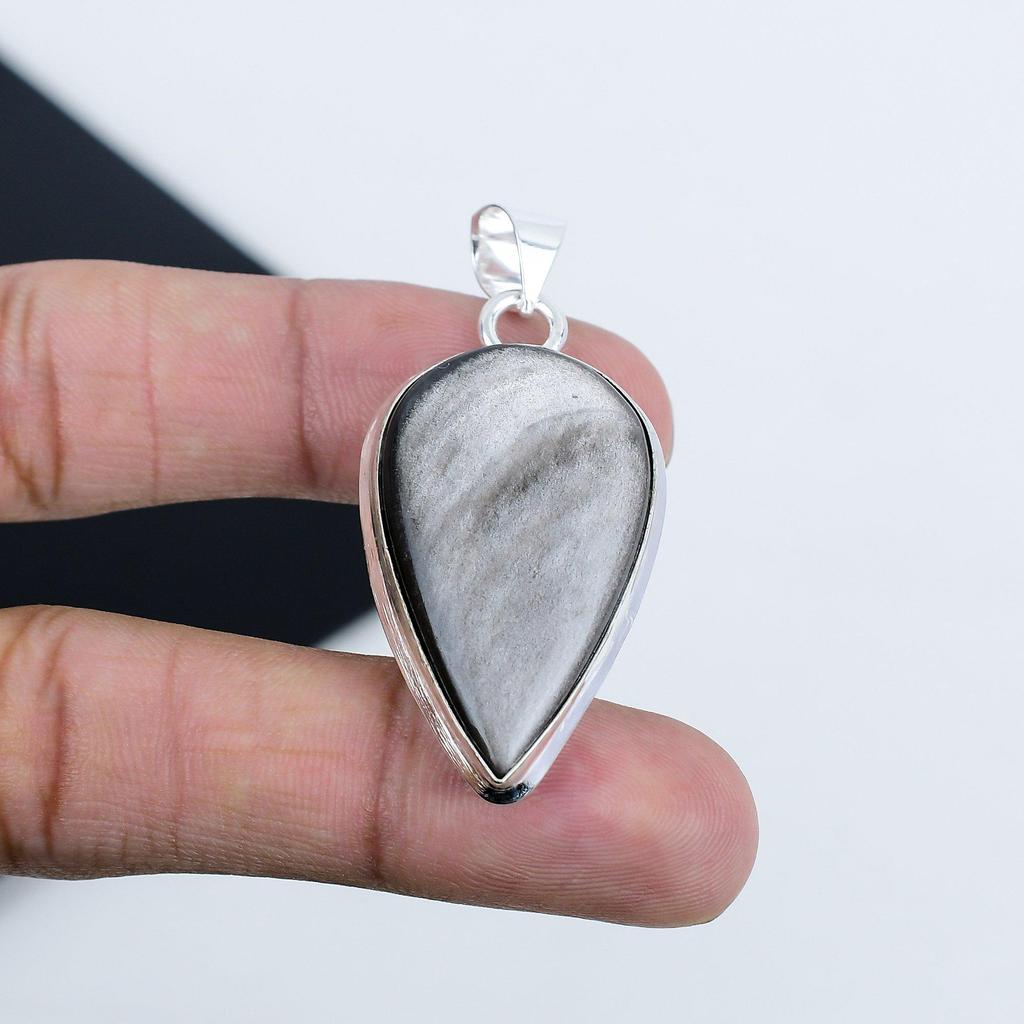 Natural Silver Obsidian Gemstone Silver Pendant In 925 Sterling Silver - Handmade Pear Design, Everyday Wear Jewelry Birthday Gift