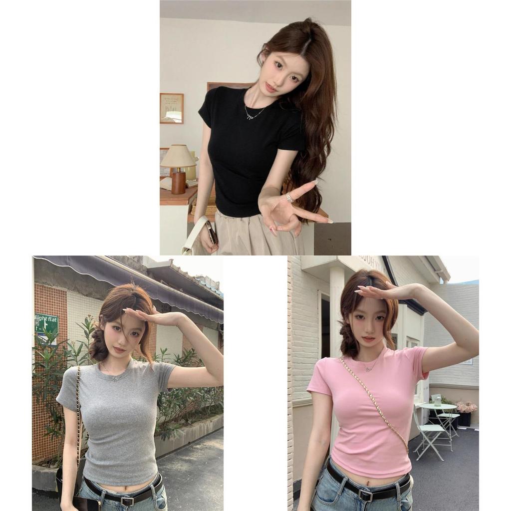 Plain Color Short Sleeve T Shirt For Women Summer Breathable Cotton Slim Fit Casual Top