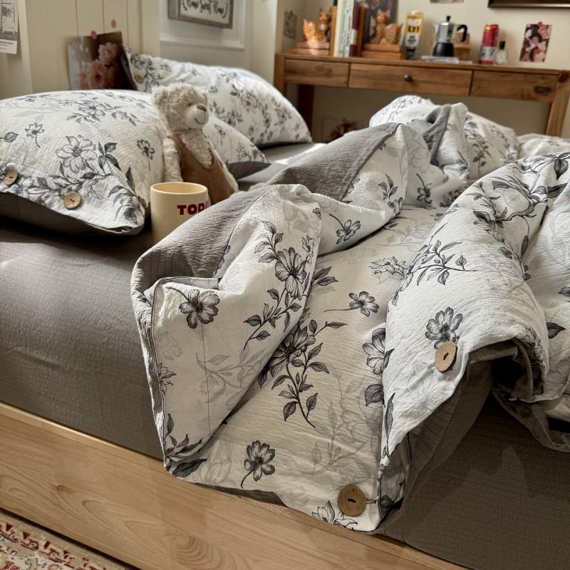 2026 Vintage Linen-like Floral Bedding Set 100% Cotton Button Soft Bed Sheets
