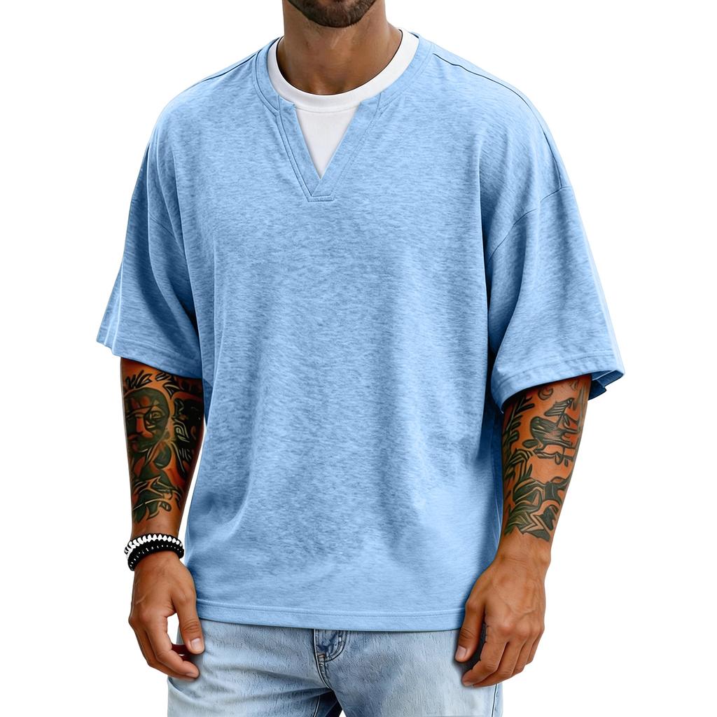 Men's Casual Color V-neck Fake Two-piece Breathable Short-sleeved Top