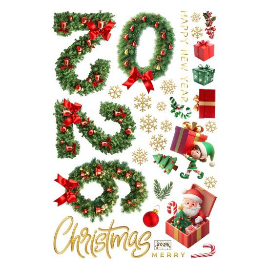 Christmas Window Cling Waterproof PVC Pine Needle Wreath Santa Claus Elf Gift Box Bell Static Glass Sticker Home Office Party Decoration Decal