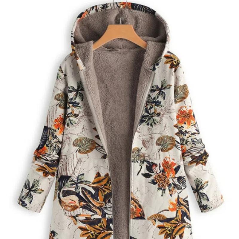 New Autumn Winter Women's Vintage Cotton Linen Coat, Thickened Zip-Up Hooded Jacket with Pockets and Floral Print