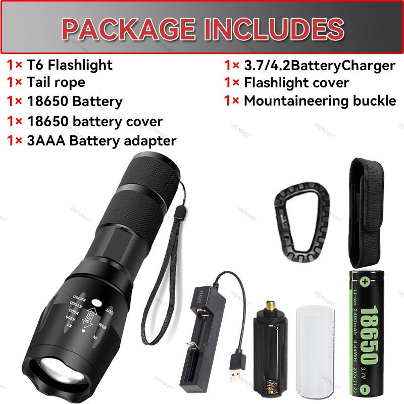 High Power T6 LED Flashlights Camping Torch 5 Light Modes Zoom Light Aluminum Alloys Waterproof Material External 18650 Battery