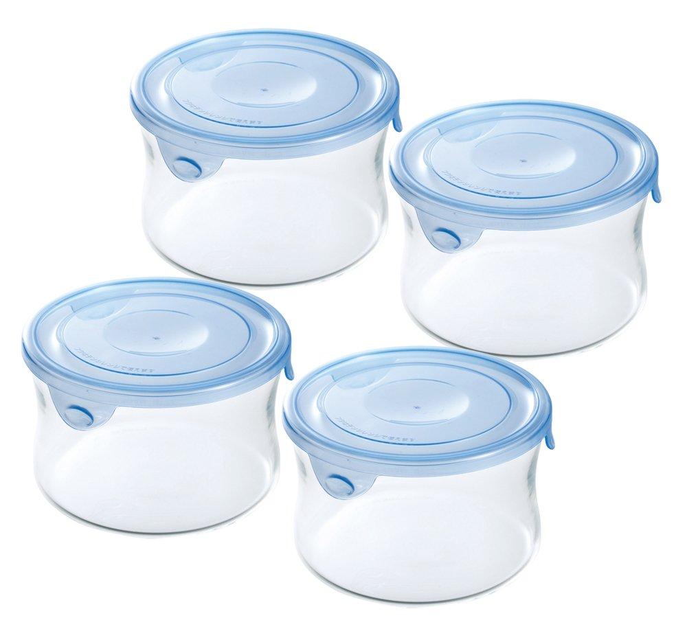 

iwaki Жаростойкий стеклянный контейнер для хранения, Аква-голубой, Круглый, S, Набор из 4 штук, Pack & Range, KBT7401HBL