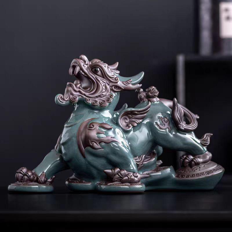 Chinese Ceramic Pixiu Tea Pet Pair - Home, Office, or Living Room Decor