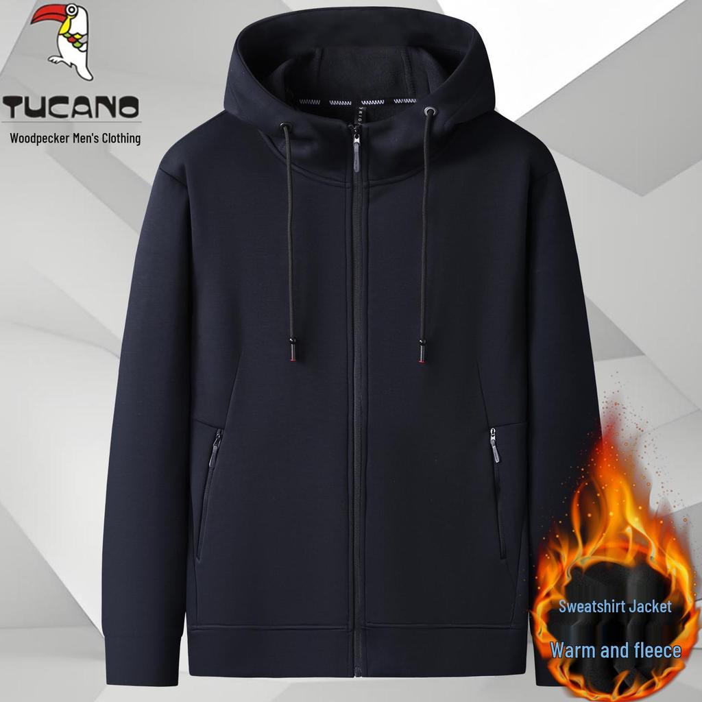 Men's Woodpecker Plus Red Knit Velvet Hoodie Jacket - Plus Size, Thin Fleece, Autumn/Winter Sports Cardigan
