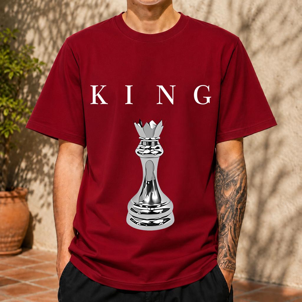 2026 New Pure Cotton Tshirt With Vintage 3d Metallic King Chess Piece Print Crew Neck Casual Short Sleeves