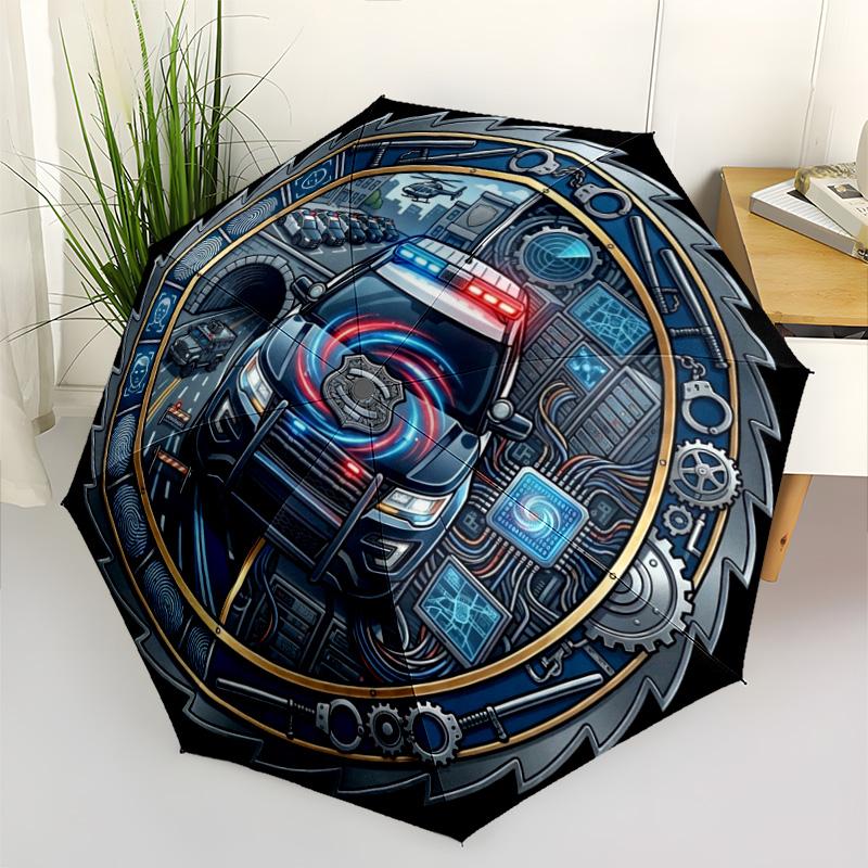 Police Technology Emblem Pattern Umbrella, Portable and Foldable Design, 8 Ribs, a Casual Accessory for Halloween, Christmas, and Birthday Gifts.