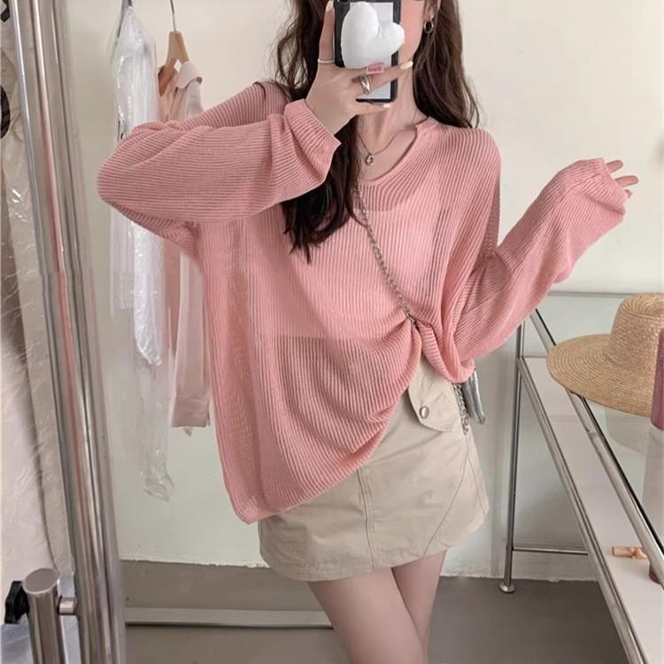 

WTEMPO Летний Повседневный Топ с Длинным Рукавом, Приталенный Свободный Ажурный Солнцезащитный Футболка для Женщин S розовый