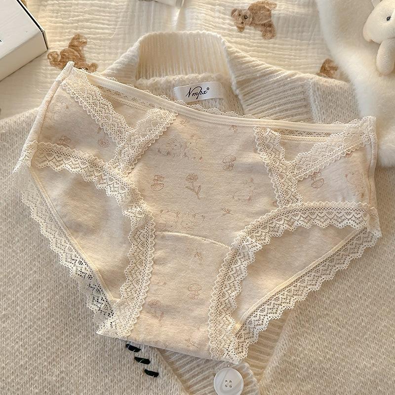 Women S Lace Trim Cotton Underwear Antibacterial Pure Cotton Mid Waist Ladies Panties