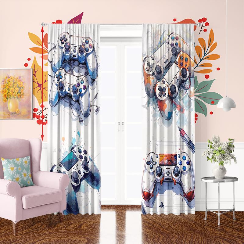 Set Of 2 Game Machine Printed Curtain Polyester Material Suitable Bedroom Curtains Living Room Decoration Perfect For Sitting
