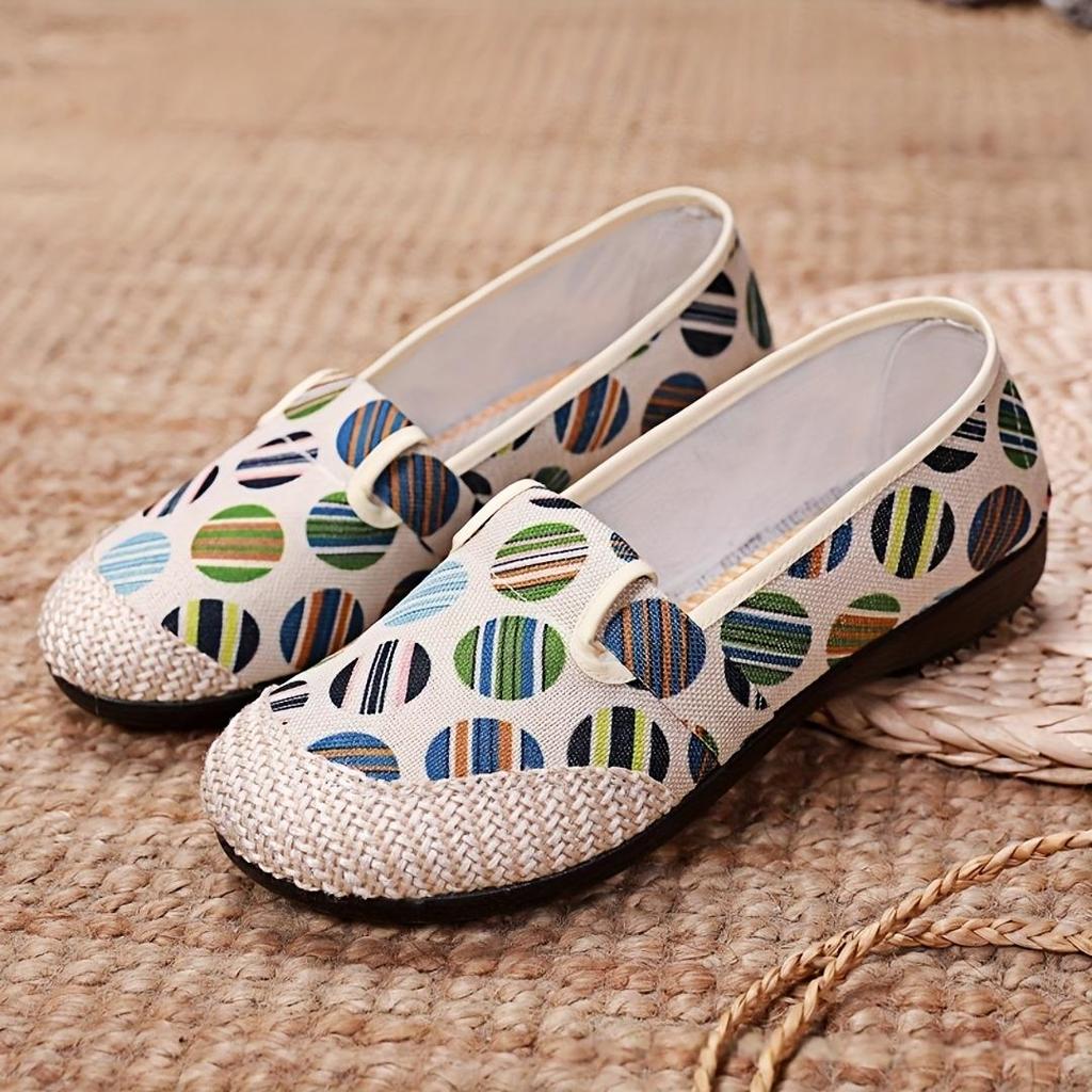 Women's Slip-On Flat Canvas Fisherman Shoes with Colorful Striped Pattern, Uppe Comfortable Casual Loafers for All-Day Wear