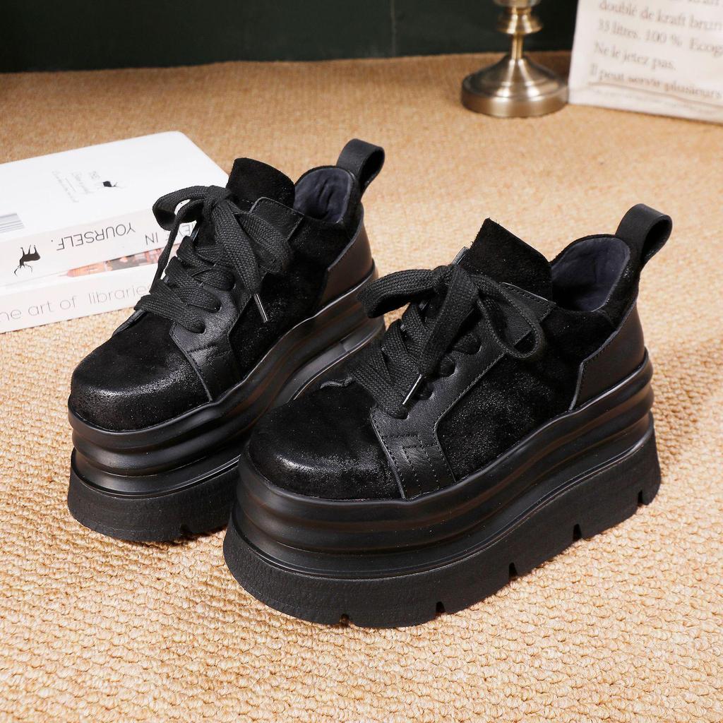 2025 Autumn/Winter Women's Cowhide Platform Lace-up Casual Shoes
